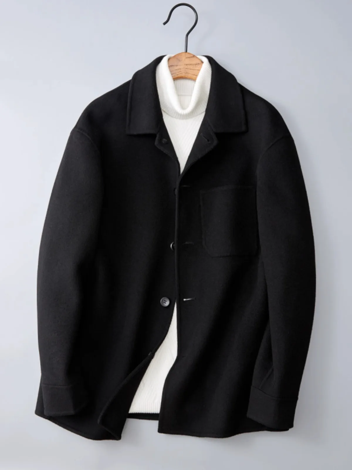 

Thiened Double-Sided Woolen Casual Jaet Men's Faion Ci Sle Pure Color Single-Button Warm Autumn Season Outerwear