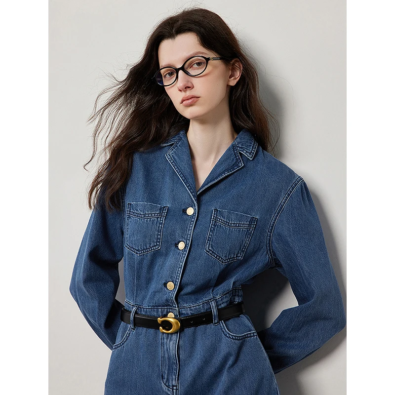 TOYOUTH Women Denim Dress 2024 Autumn New Mid Length Long Sleeve Lapel Collar A Line Elegant Streetwear Knee Length Dress