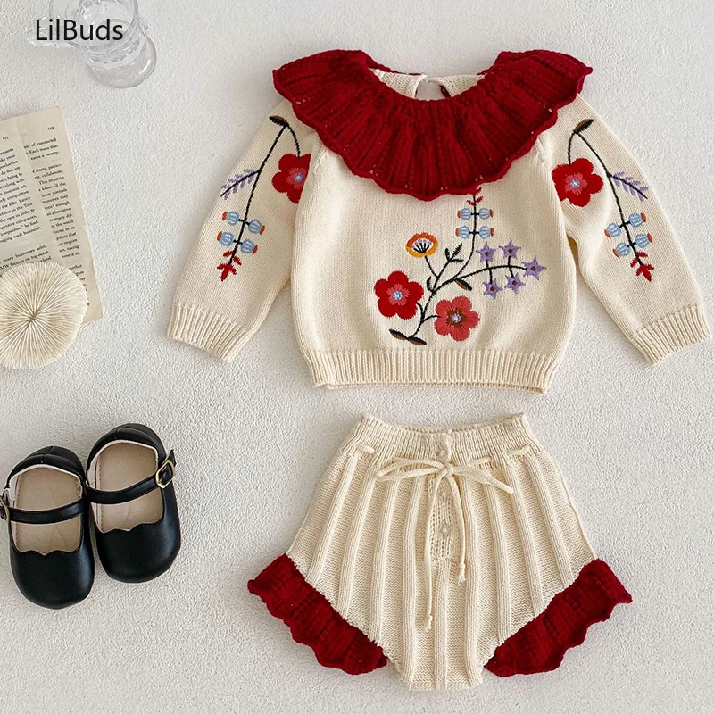 

2024 Kids Embroider Long Sleeve Knitted Cardigan+Ruffle Bloomers Baby Girl Clothes Shorts Suit Newborn Knit Set Autumn Outfit