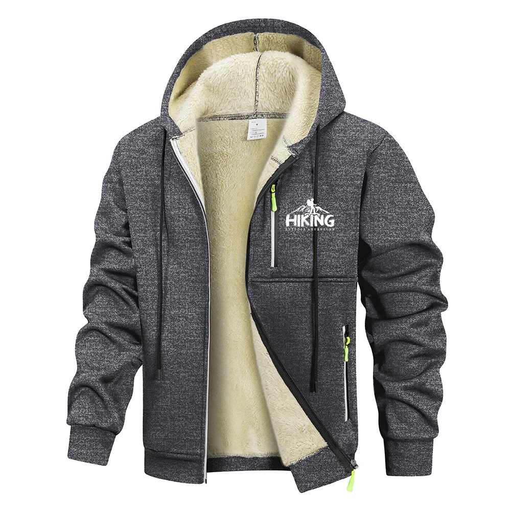 Men's Fun Hiking Print Hoodies Warm Zip Up Sweatshirt Casual Street Style Jacket For Autumn Winter Commute With Zippered Pockets