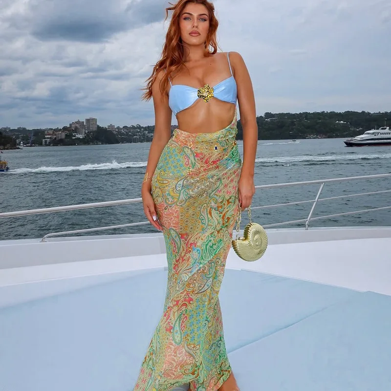 YUZHEXI โลหะทองตกแต่งเม็ดมะม่วงหิมพานต์พิมพ์ Exotic SLIP Dress ผู้หญิงฤดูร้อน cutout Flowy Maxi Robe beachwear