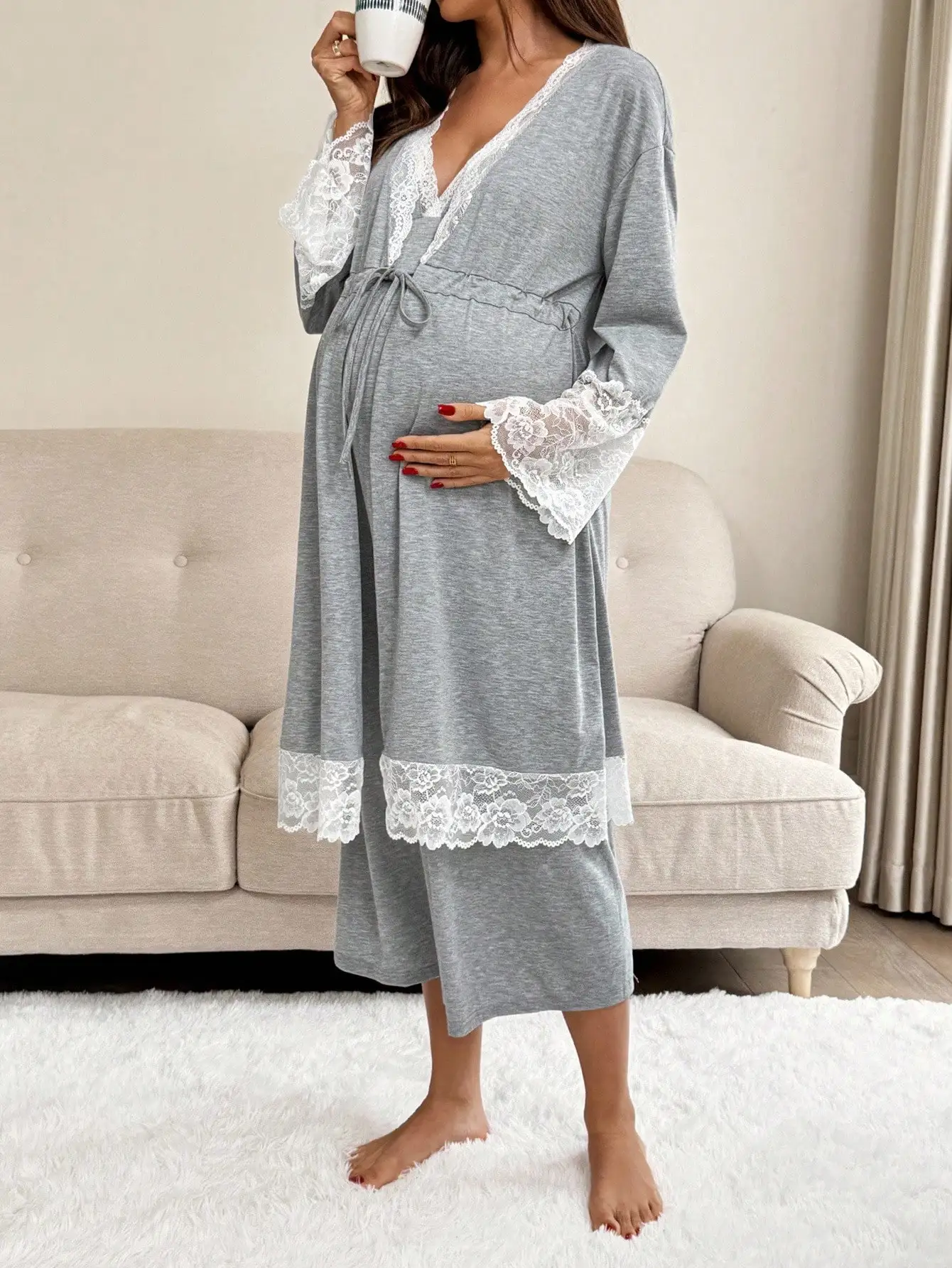 2-Piece Maternity Lace-Trimmed Long Sleeve Robe and Camisole Nursing Set