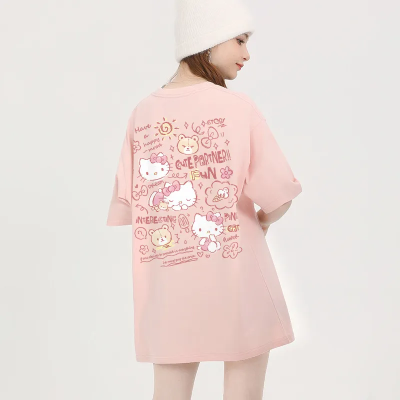 Hello Kitty Short Sleeved T-shirt for Boys and Girls, Pure Cotton Monkey Cartoon Round Neck Comfortable T-shirt