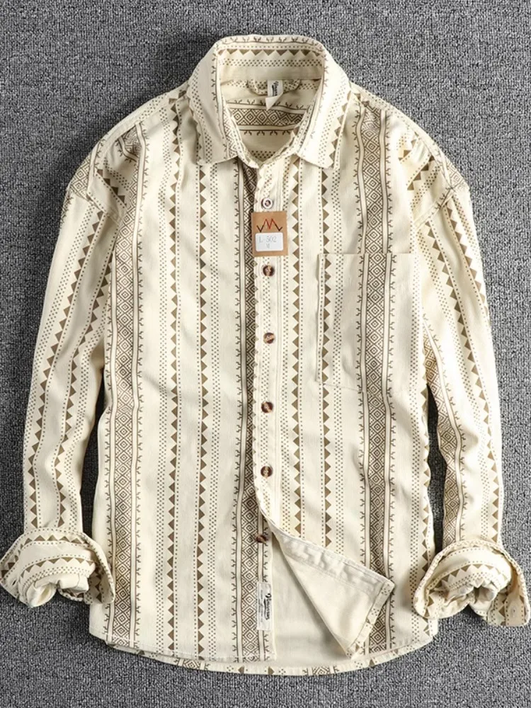 Spring Autumn New Navajo Totem American Retro Casual Pocket Loose Men's Shirt Jacket Breathable Moisture Wicking Long Sleeve