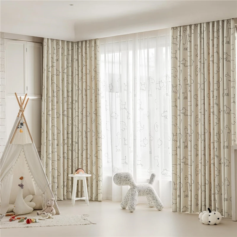 Japanese Style Cartoon Animal Printed Curtains White Flocking Embroidered Sheer Voile For Living Room Children's Room Custom