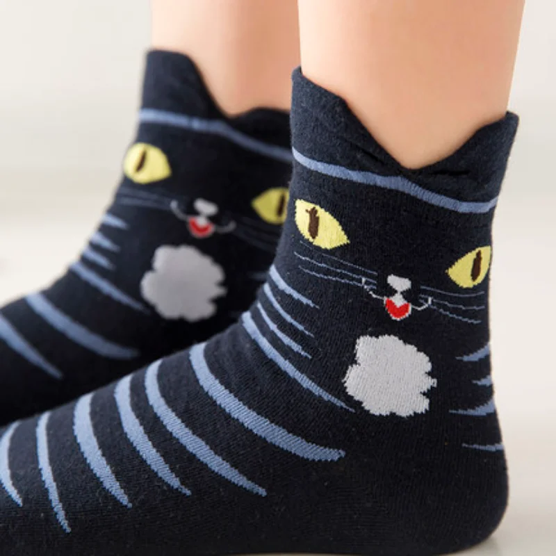 New Autumn Winter Warm Cute Cat Ear Socks Cartoon Animals Patterns Funny Socks Women\'s Pure Cotton Cat Eye Middle Tube Sock