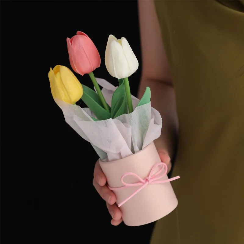 Caja de Flores de Tulipanes, Cesta de Flores Tejida a Crochet, Elegante Caja para Floristería, Suministros para el Día de la Madre, Regalo, Decoración de Bodas, Decoración del Hogar