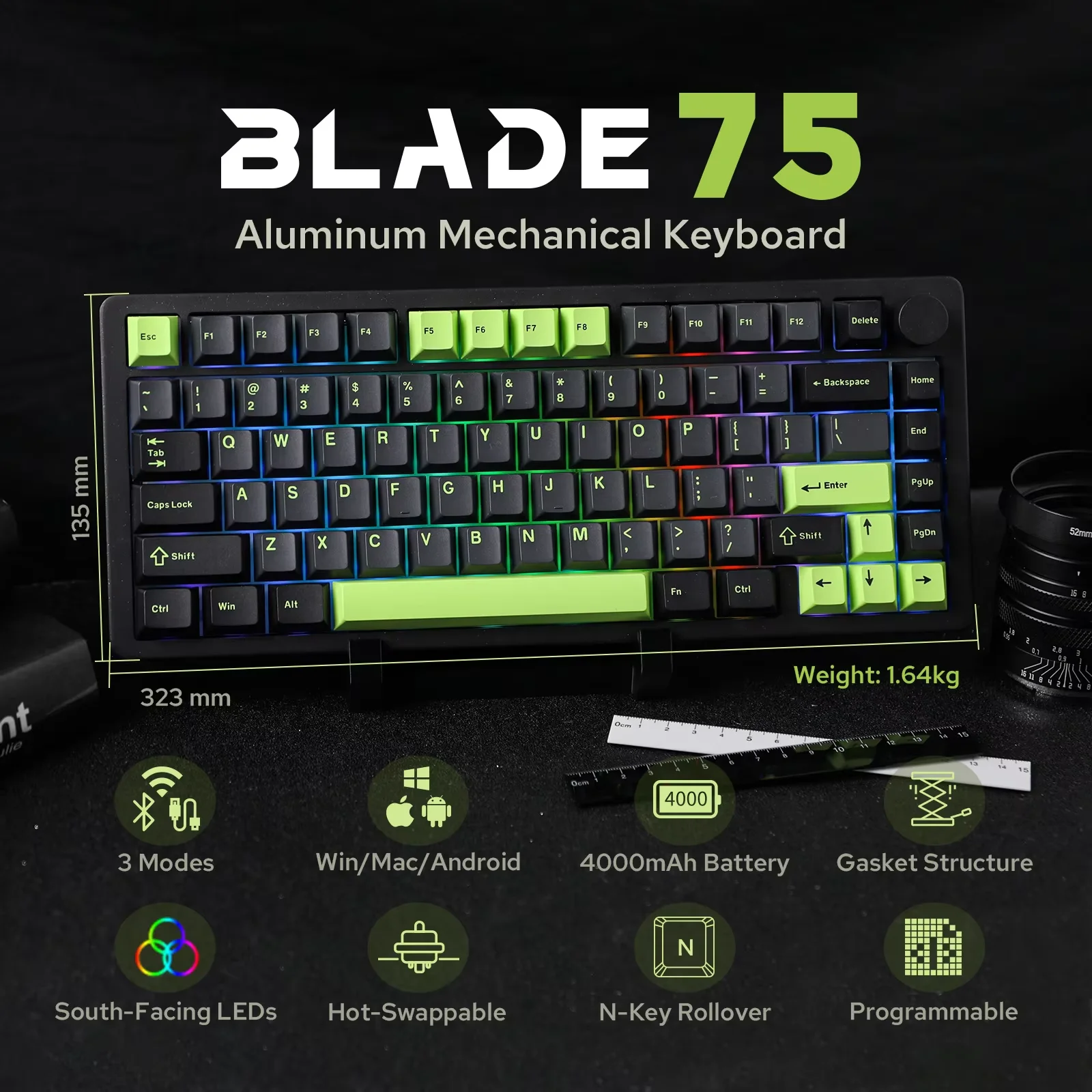 MechLands Blade75 Hot-Swap Gasket Wireless BT5.0/2.4GHz/USB-C Wired Aluminum Mechanical Gaming Keyboard for Win/Mac/Games/Office