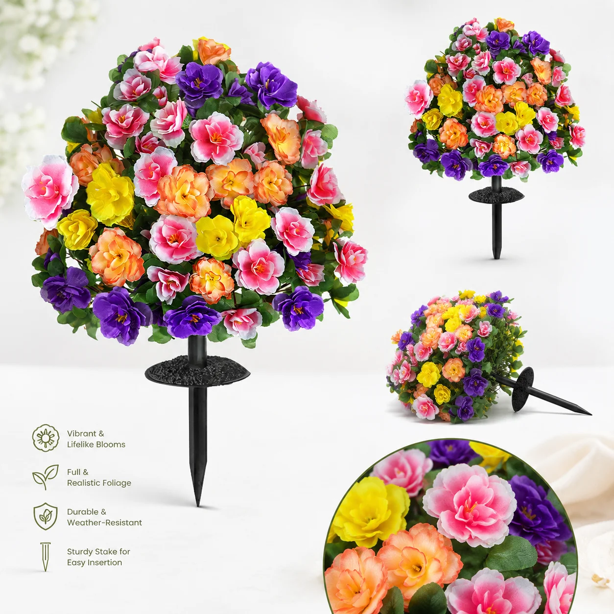 Artificial Silk Flowers for Outdoor with Ground Spike, Faux Floral Topiaries Ball Bushes Shrubs for Home Garden Yard Patio Decor
