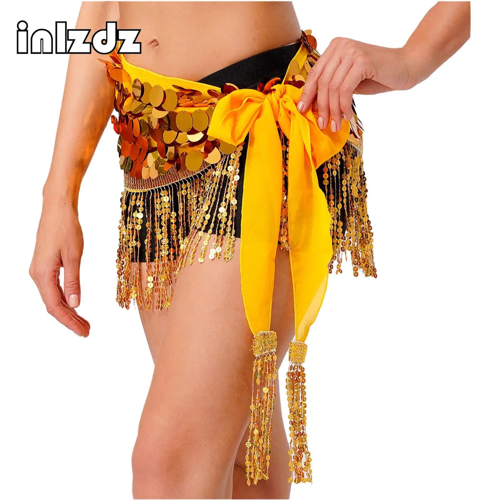 

Sparkly Sequin Tassel Womens Latin Belly Dance Hip Scarf Fringe Lace-up Waist Chain Skirt for Modern Dance India Dance Class