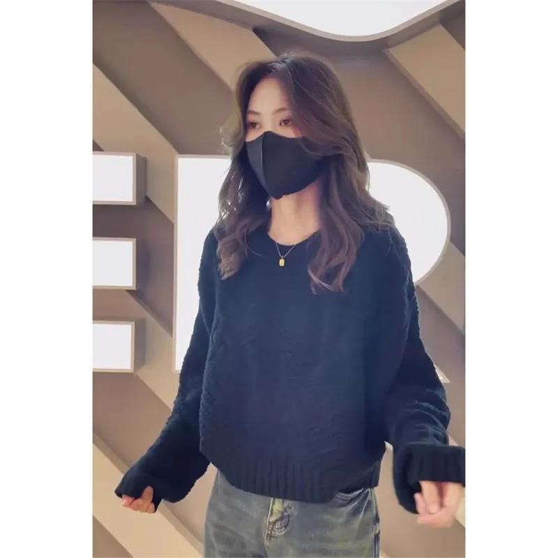 Jesienny sweter damski w jednolitym kolorze, luźny płaszcz, koreańska moda damska, dzianinowa bluzka z długim rękawem, damska dzianinowa kurtka z okrągłym dekoltem.