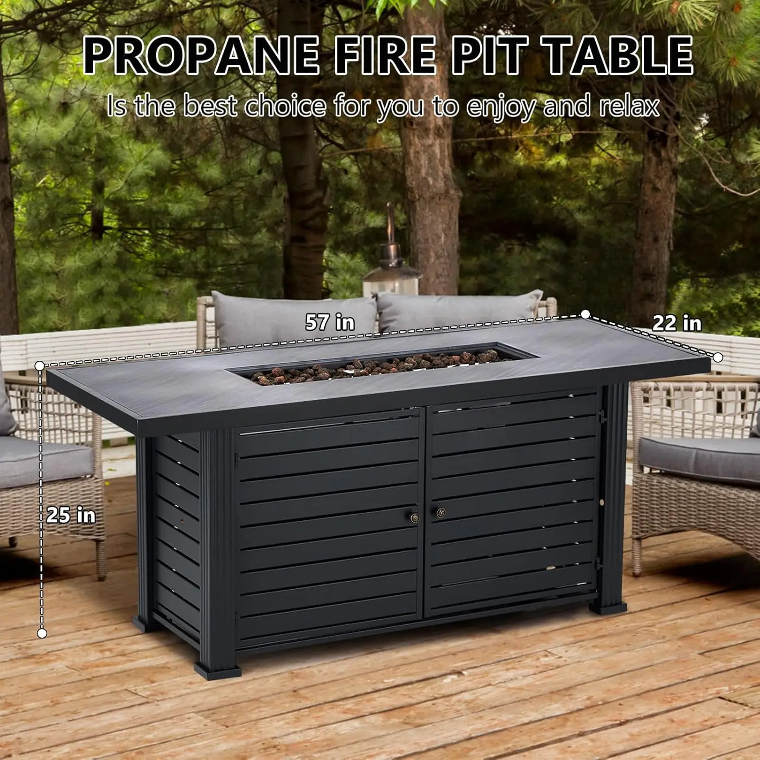 57 Inch Propane Fire Pit Table, 50000BTU Outdoor Gas Fire Pits Rectangular with Rain Cover, Sturdy Steel and Iron Fence Surface,