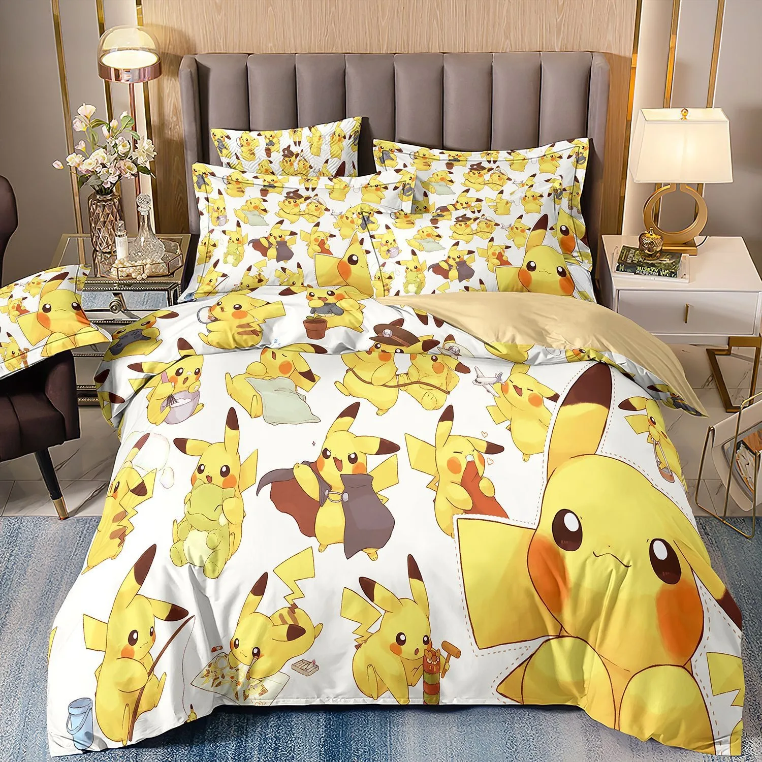 Pokémon cartoon bedding set, Pikachu cute duvet cover pillowcase, home bedroom three-piece set, boy and girl comforter sets