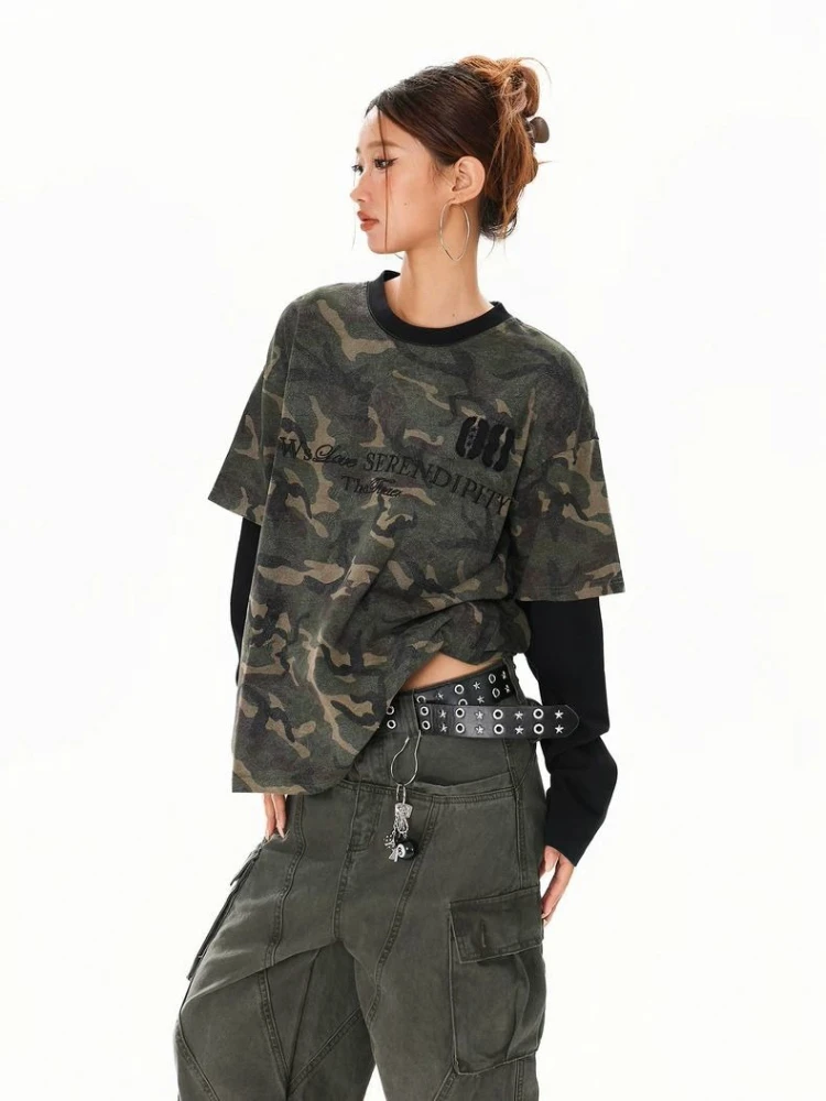 Deeptown Vintage Letter Print Camouflage Women Man Fake Two Piece T-Shirts Long Sleeve American Style Oversized Tees Hip Hop