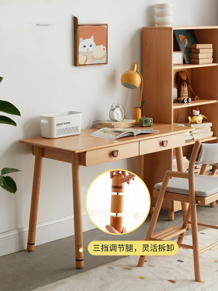 Solid Wood Children's Study Desk Simple Adjustable Desk Primary School Student Home European Beech Bookshelf Writing Desk