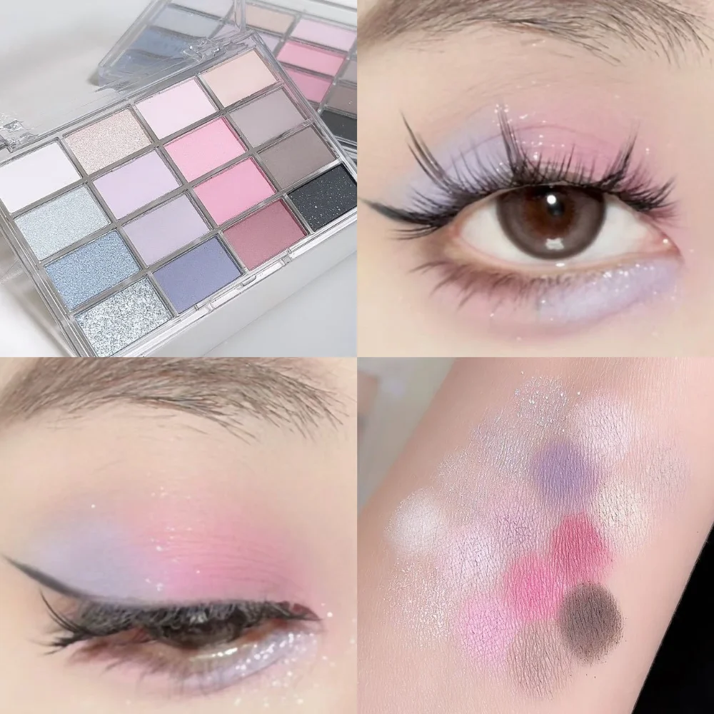 Paleta de sombra de ojos brillante de 16 colores, sombra de ojos con purpurina mate nacarado rosa de baja saturación, maquillaje de ojos de larga duración 2025