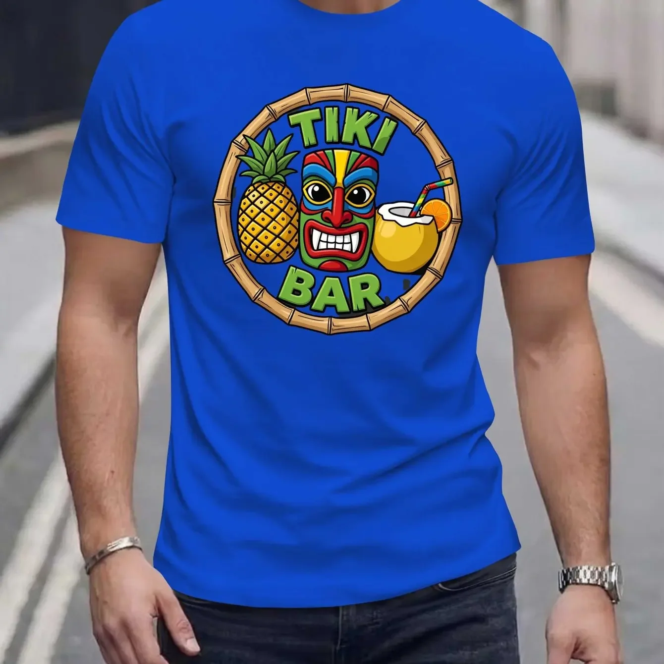 Men Tiki Bar Bamboo Circle Frame Colorful Tiki Mask Pineapple Coconut Cocktail Hawaii Beach Oversized T-Shirt