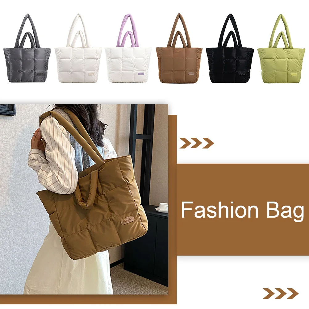 

Women Quilted Shoulder Bag Large Capacity Leisure Handbag Lightweight Solid Color Zipper Versatile Winter Shopping Bag