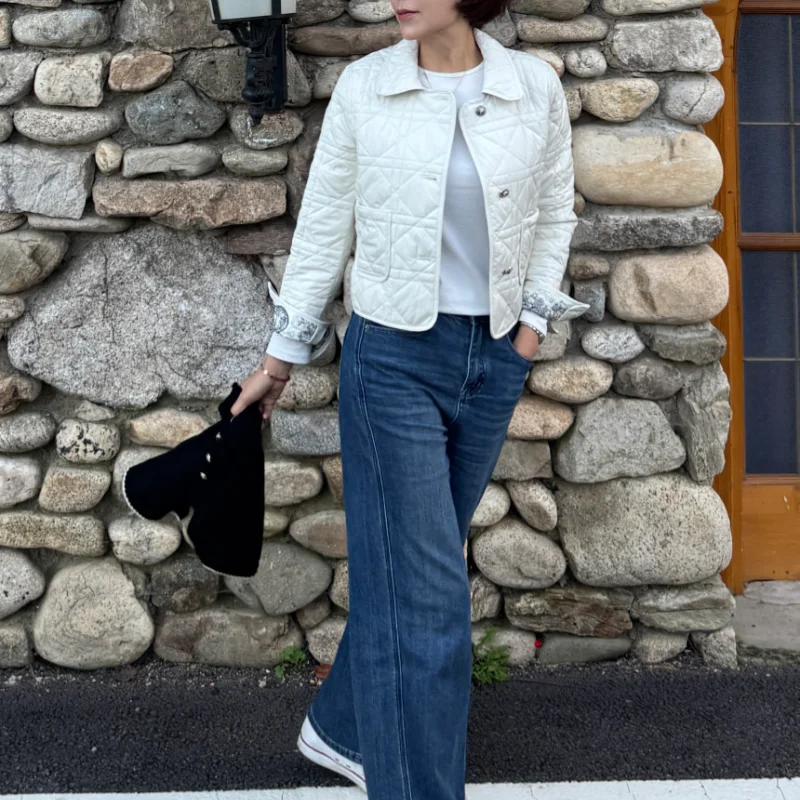 

Retro Pattern Women's Open Cardigan Cotton Jacket Collar Double Sided Wear Diamond Grid Style Fashionable Spring Outerwear