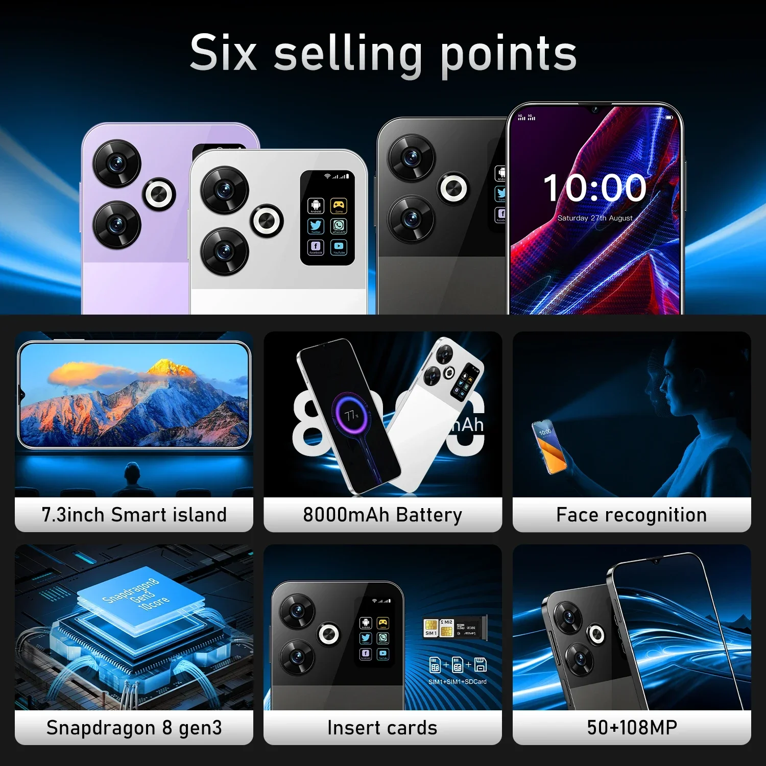 Global New X8 Pro 7.3-inch Ultra HD 16GB+1024GB 108MP+50MP, 8000mAh large battery Android 14 Qualcomm Snapdragon 8 Gen3 Dual SIM