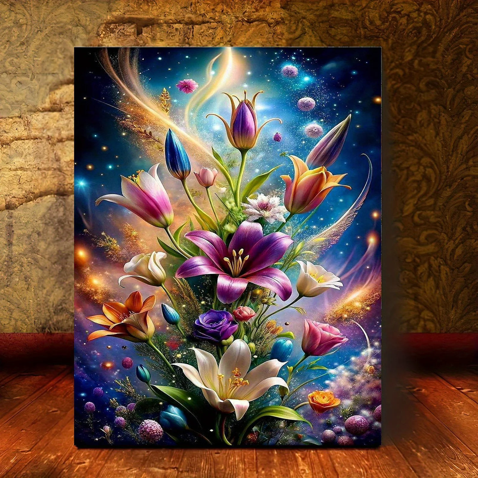 Professional Art Use 1pc Frameless Digital Painting Kit, Vibrant Flowers Under Dreamy Starry Sky, Includes Canvas, Acrylic Pa