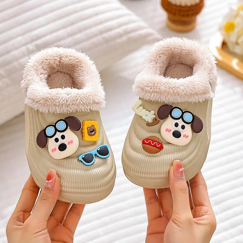 Children’s Winter Slippers Non Slip Waterproof Closed Back Cotton Shoes for Boys Girls Indoor Outdoor Home Use Cozy Cute Design