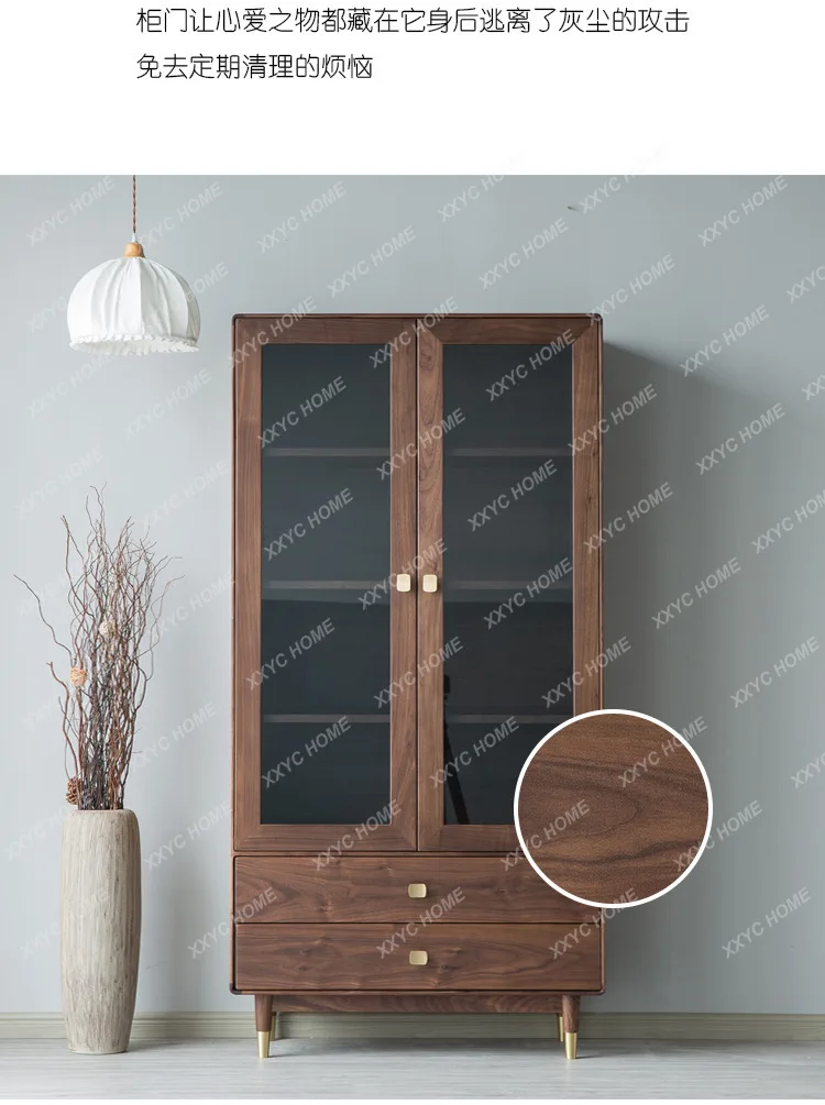 

DV Walnut Solid Wood Bookcase Living Room Storage Cabinet Floor Glass Double Door Simple Bookshelf