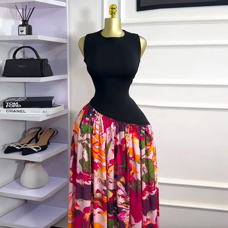 فساتين ماكسي صيفية بدون أكمام للنساء، فستان طويل برقبة دائرية وحفلات التخرج