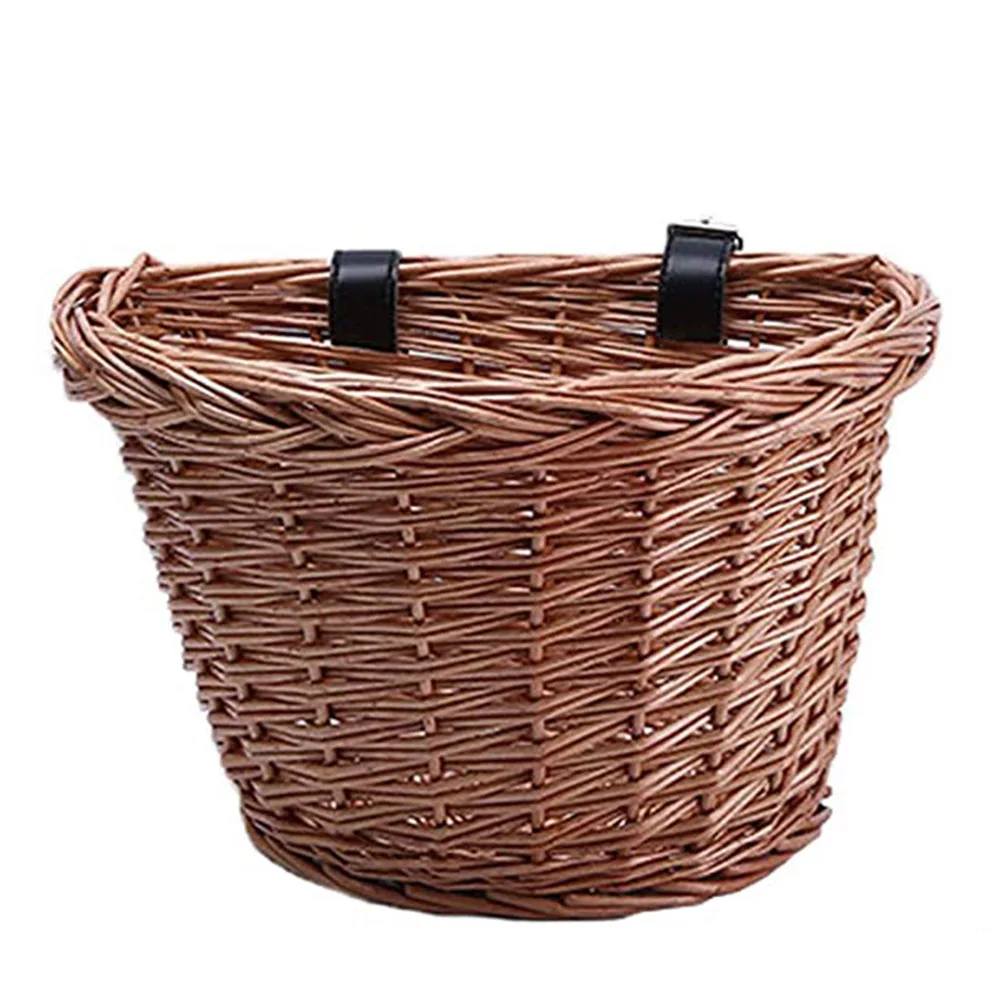 Wicker D-Shaped Bike Basket Shopping Basket Bicycle Handlebar Storage with Leath  Wicker D-Shaped Hand-Woven With Leather Straps