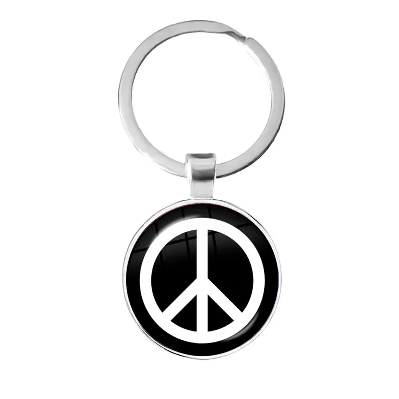 Fashion Arrival Peace Symbol 25mm Glass Cabochon Keychain Round Hippie Peace Sign Bus Glass Dome Key Rings Holder For Men Women