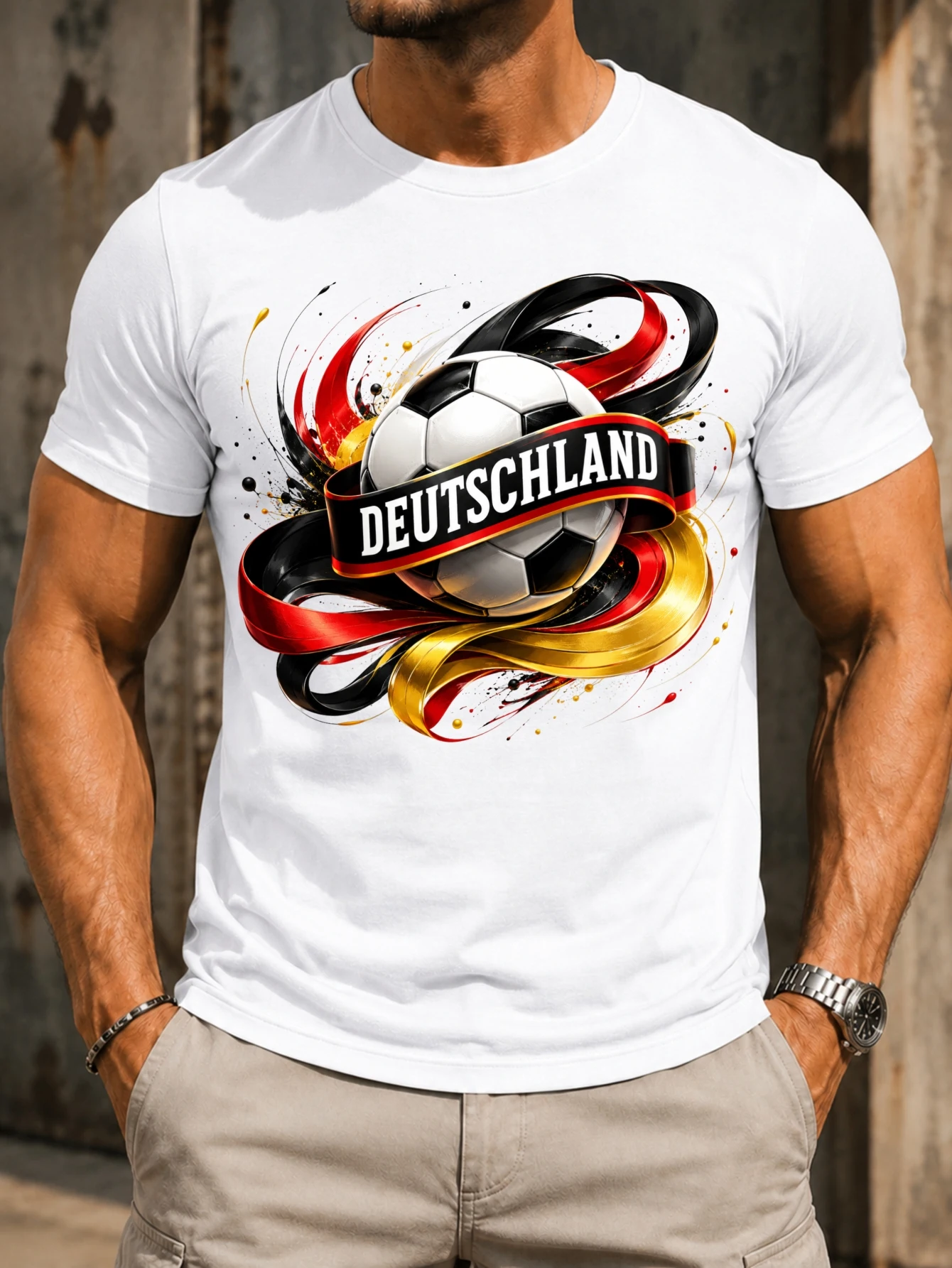 Deutschland 2026 Soccer Kicking Player Silhouette Red Gold Paint Splatter Bold Tournat Fan Graphic  Unisex All T-Shirt