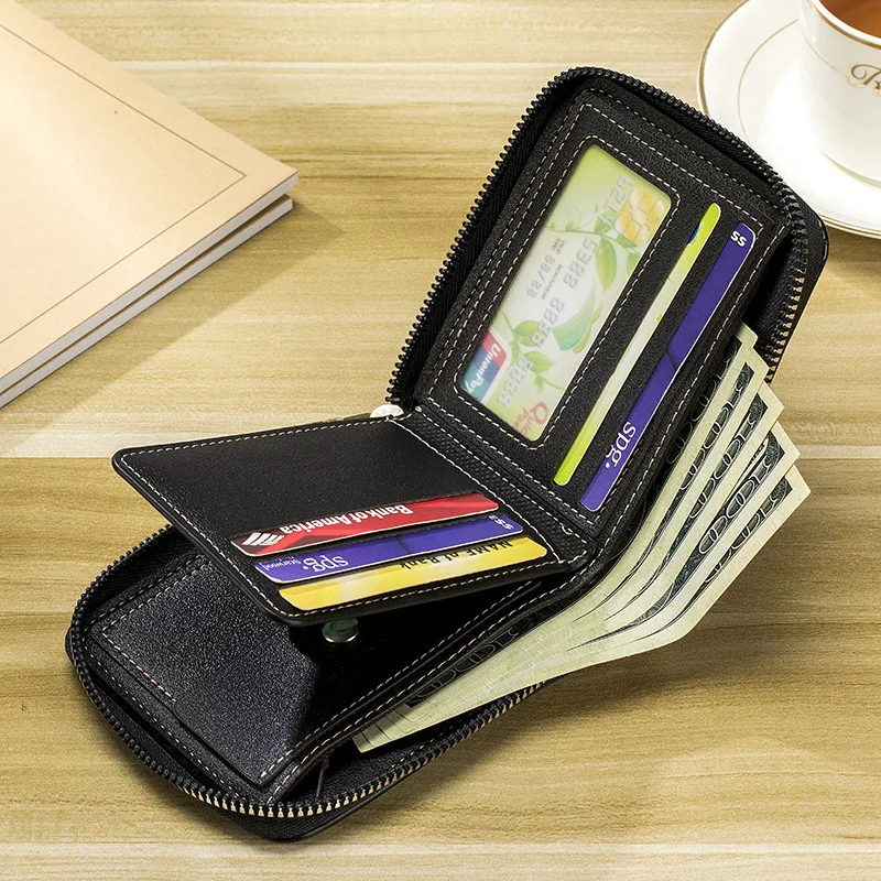 Men's Short Wallet Patchwork Stone Texture Large Capacity Tri-Fold Zipper Coin Purse Multi-Card Holder
