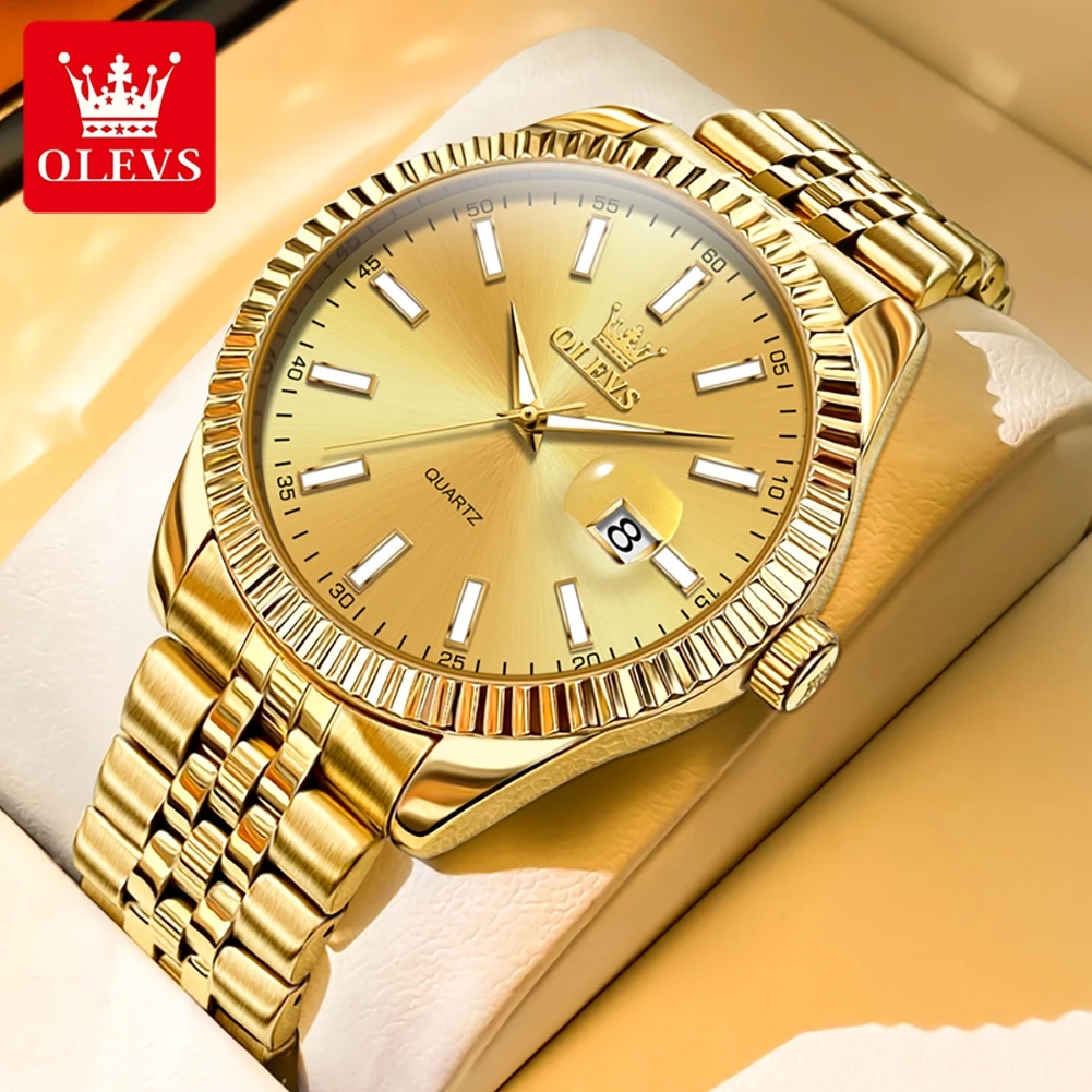 OLEVS-Marca Masculina de Luxo Quartz Watch, Calendário Fashion, Strap Aço Inoxidável, Original, Luminoso, Impermeável