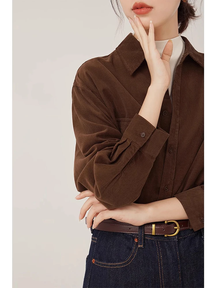 

Thick Corduroy Shirt Women's Autumn Winter Early Spring Warm Top Layering Base Shirt Korean Style Loose Fit Long Sleeve