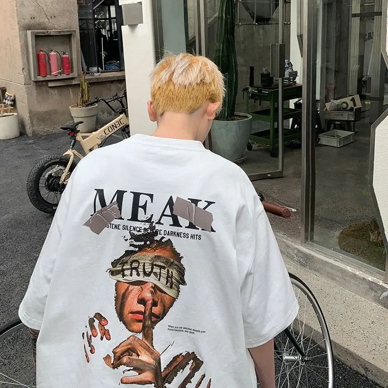 Trendy 2026-2027 Y2K Back Print Blindfold Portrait Letter Graphic Tee Unisex Short Sleeve Streetwear T Shirt