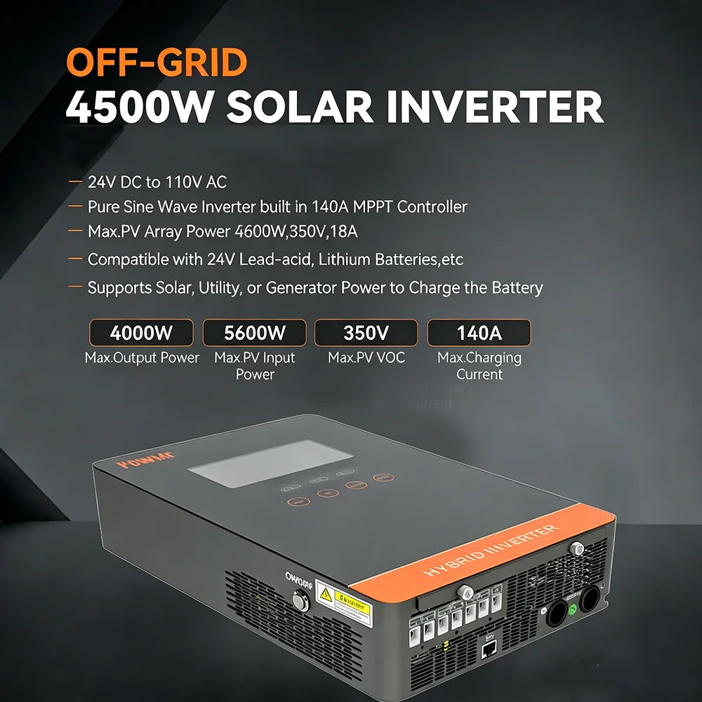 POWMr 4KW 24V Off-Grid Solar Inverter Charger Pure Sine Wave Inverter Built in 140A MPPT Max 5600W PV Wide PV 55 to 350V Li-BMS Comms with LCD Touchscreen Configurable Power Priority for Home RV Inversor