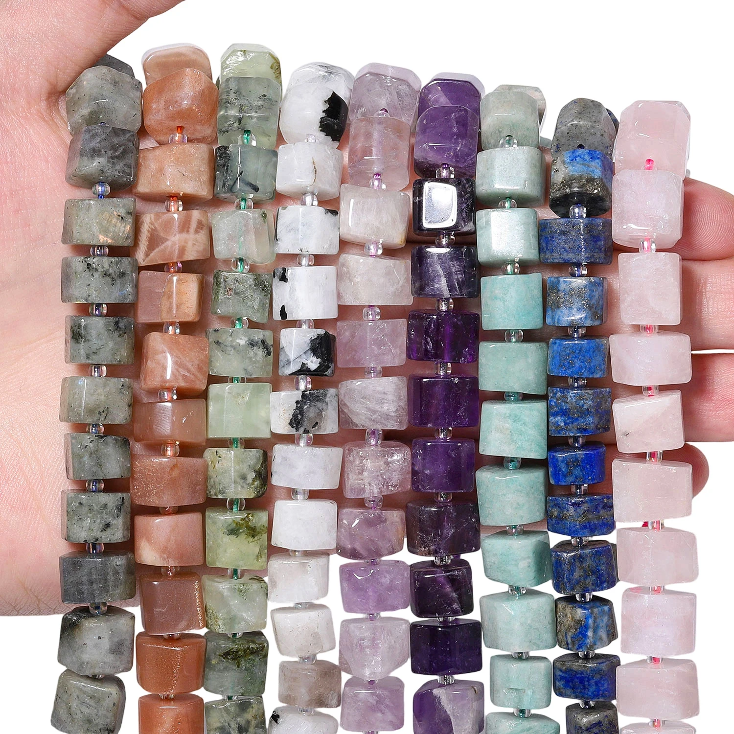9-13mm Natural Cylindrical Shape Stone Beads Faceted Amethyst Rose Quartz Apatite Prehnite Jade Agate Beads for DIY Pendant