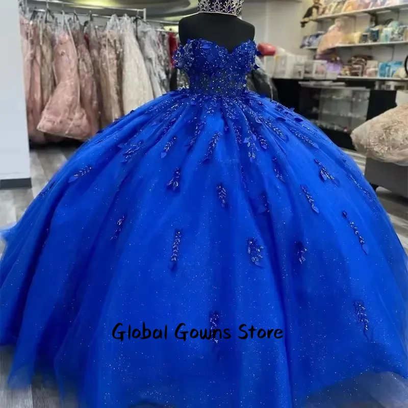 

Royal Blue Quinceanera Dresses Princess Vestidos De 15 Anos Glittering 3D Lace Ball Gown Birthday Party Customized