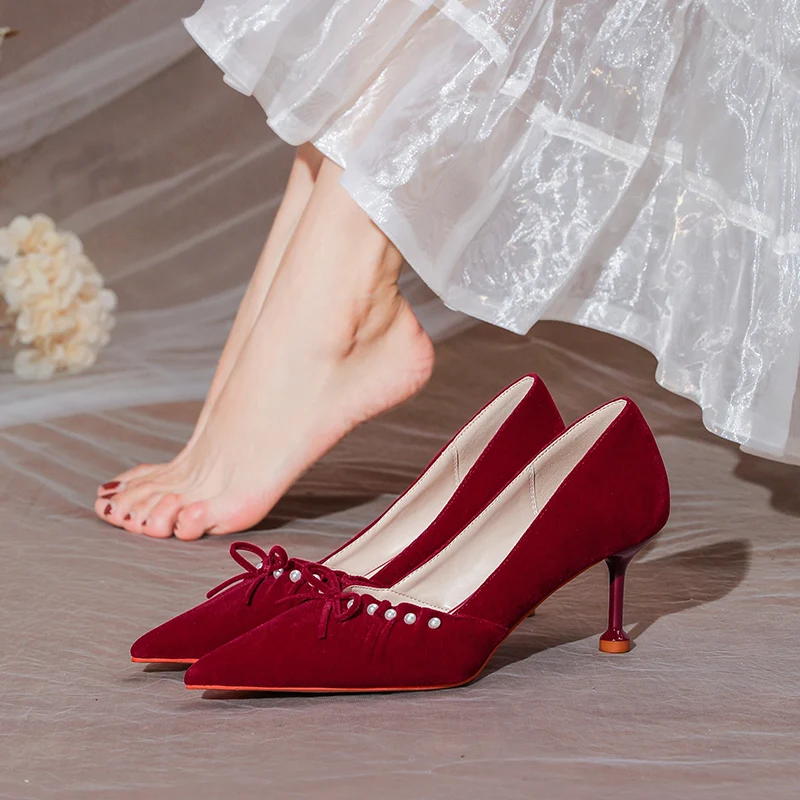 

Bride Wedding Dress Shoes Chinese Toast Pump Bridesmaid Female Pearl String Suede Cloth Stiletto High Heel Wine Red Single Shoes