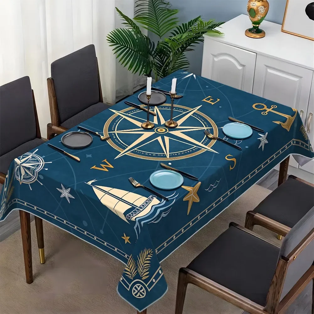 1pc. Maritime-themed tablecloth, featuring a compass, sailboat, anchor, starfish and direction patterns - yzb