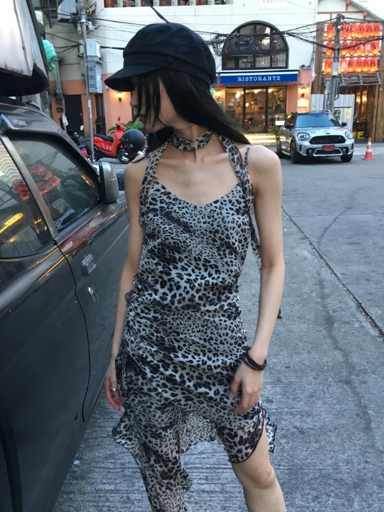 Vestido Retro con estampado de leopardo para mujer, Vestidos irregulares ajustados sin mangas de verano 2025, Vestidos de calle Y2k con espalda descubierta