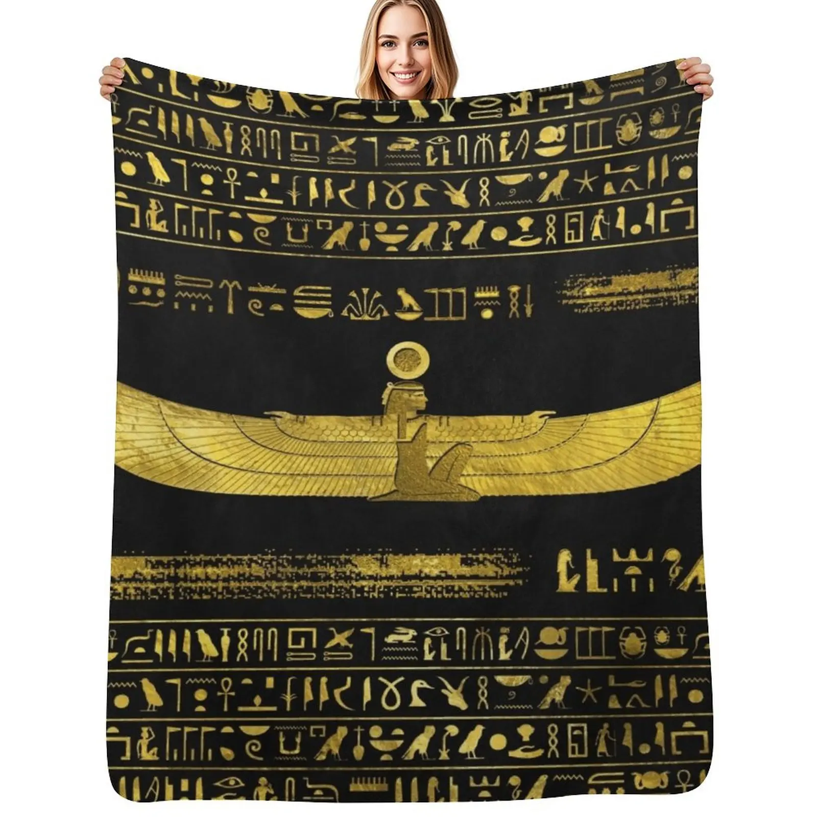 Golden Egyptian God Ornament on black leather Throw Blanket Durable Warm Blanket for Daily Home Use