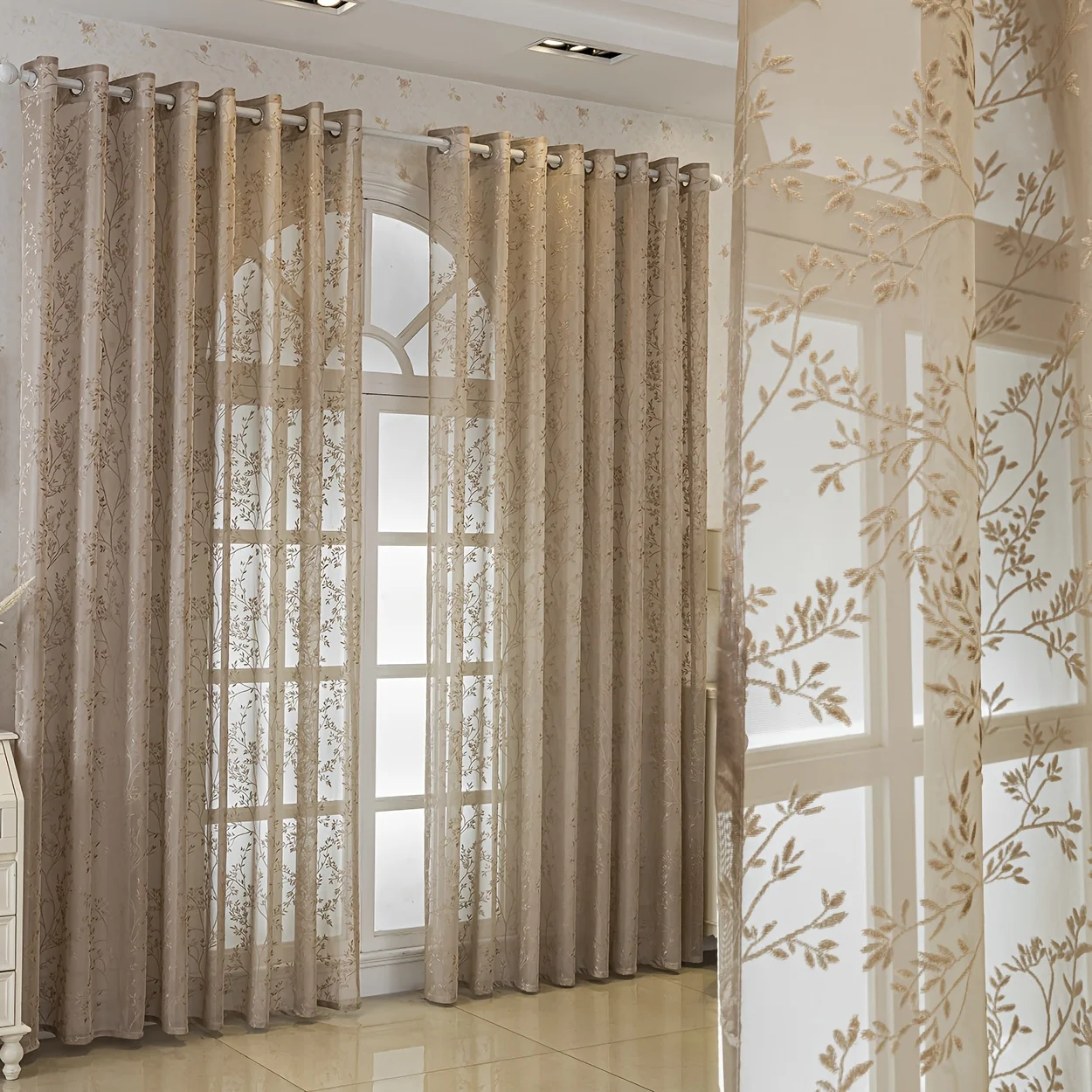Vintage Bohemian Plant Jacquard Semi-Transparent Curtain, with Hanging Holes, Suitable for Bedroom, Living Room, Balcony, Room D