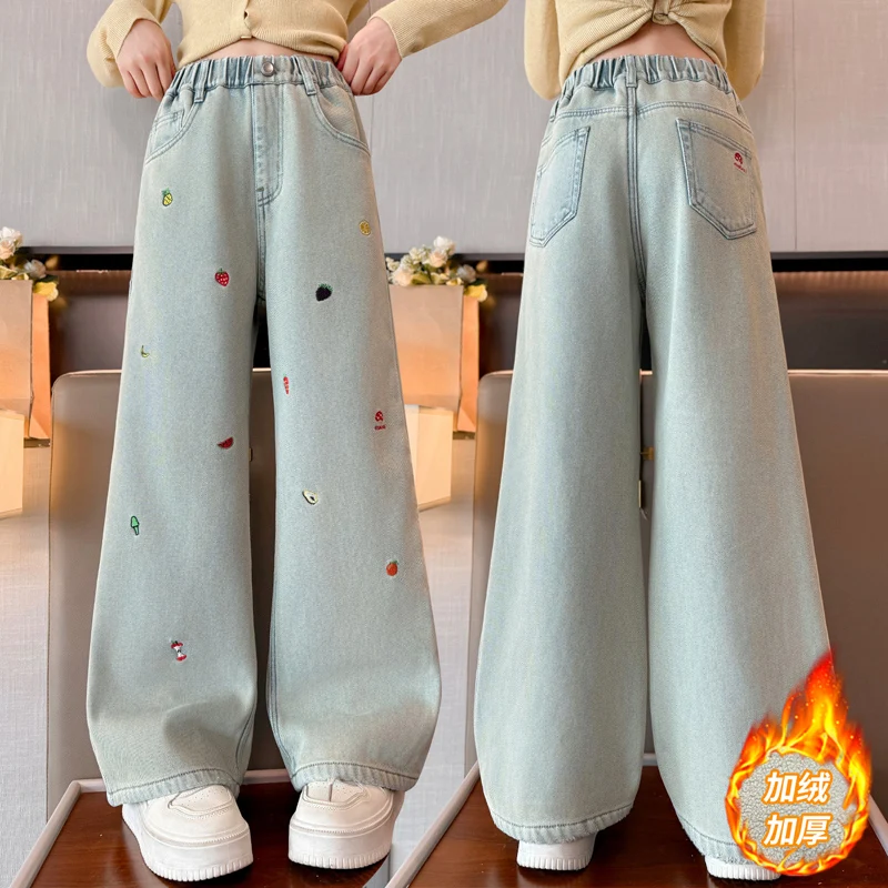 Autumn Girls' Jeans Cartoon Embroidered Children Denim Pants Kids Loose Straight-leg Trousers Teenager Insulated Clothing 4-14Y