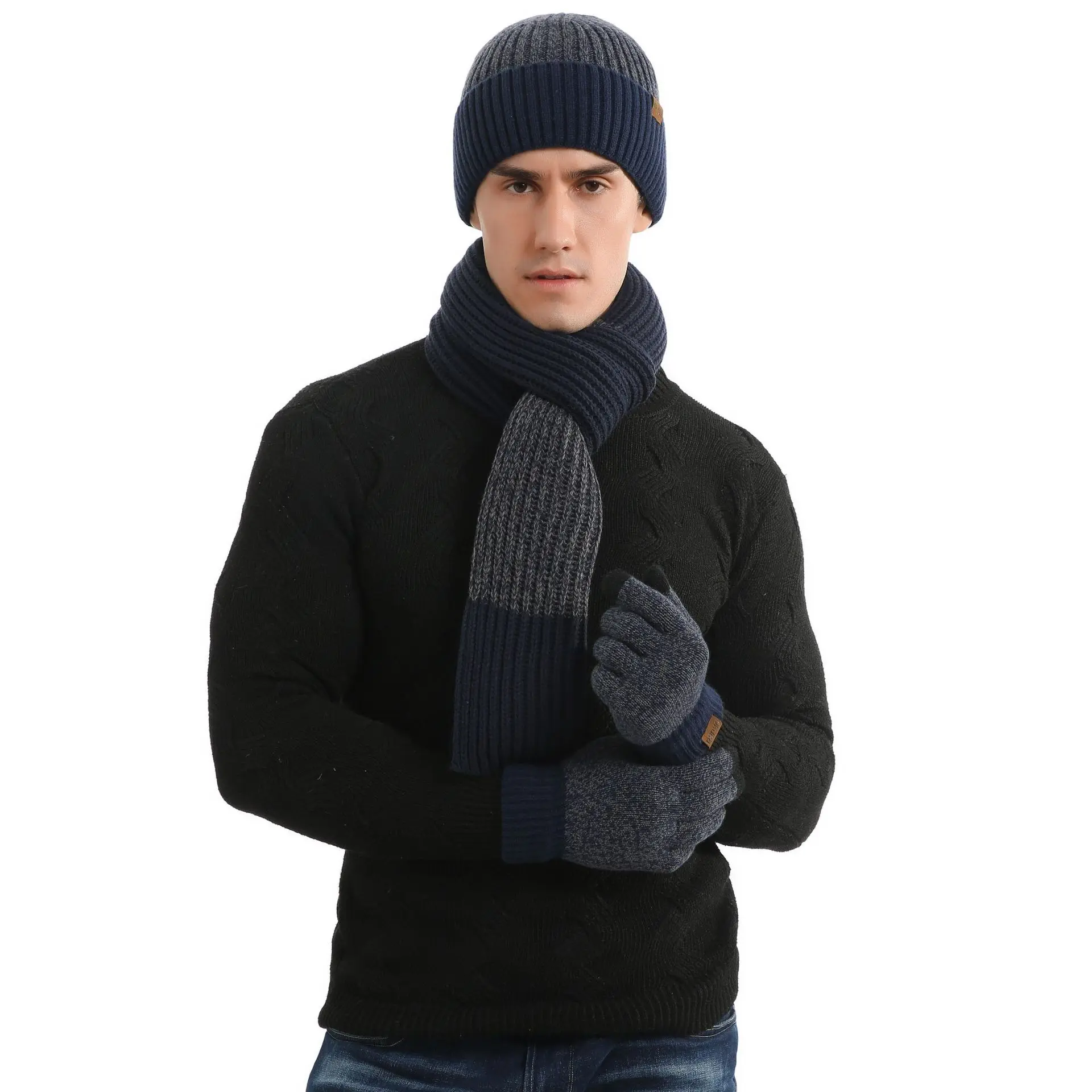 Men\'s Autumn Winter Keep Warm Set Unisex Beanie Gloves Scarf Male Woolen Yarn Knitted Muffler Spring Fall Contrast Color Hat