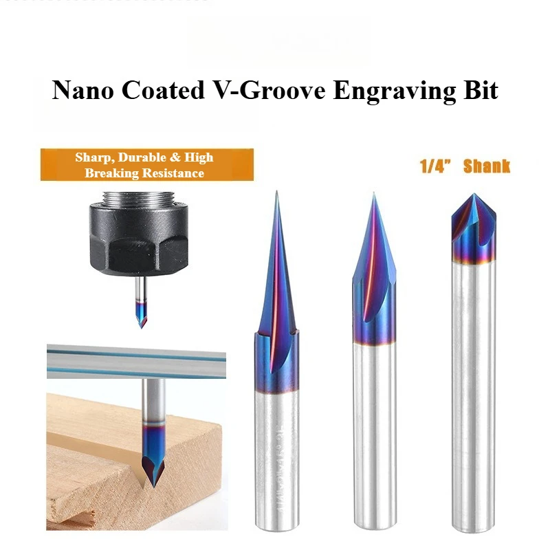 6.35mm V-Groove Milling Cutter Nano Coated 2/3 Flute Solid Carbide Engraving Tool for Wood Acrylic Aluminum PCB Sign&Woodworking