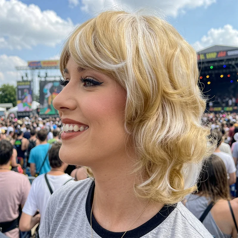 Synthetic Natural Short Wavy Curly Layered Bob Wig Blonde White Highlights For Women Daily Cosplay Party Halloween Costume