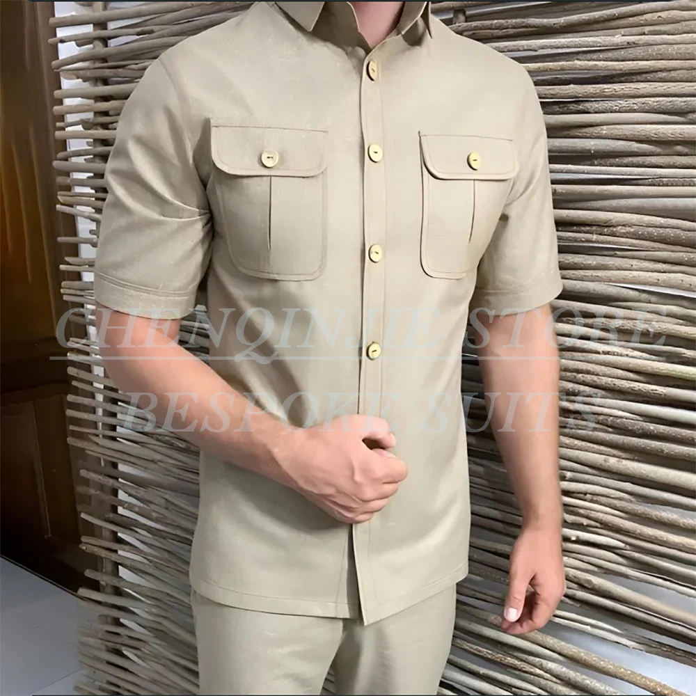 

Safari Solid Color Men's Suits For Wedding Indain Short Sleeve Slim Fit Stand Collar Blazer High Quality 2 Piece Jacket Pants