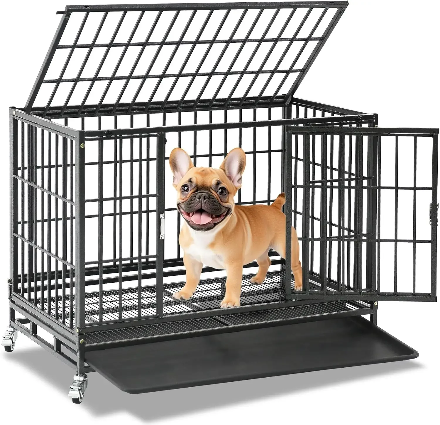 

37 inch Stackable Heavy Duty Dog Crate, Indestructible Escape Proof Dogs Cage Kennel with Lockable Wheels, Removable Tray