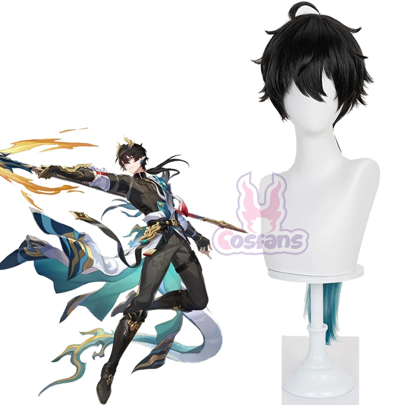 Honkai: StarRail Dan Heng Omphalos Teng Huang Cosplay Pruik Zwart Blauw Lang Haar Amfororeus Halloween Party Haar voor Vrouwen Mannen Rekwisieten